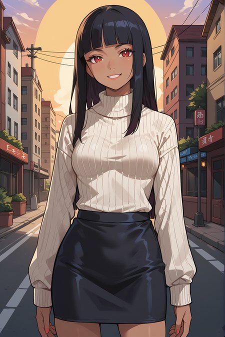 score_9, score_8_up, score_7_up, score_6_up, source_anime, 1girl, slender, solo, magnofica, <lora:MagnoficaPDXL_V1:0.8>
BREAK (smirk, red eyes), (black hair, long hair, medium breasts, blunt bangs, dark skin)
BREAK (white sweater, black skirt, miniskirt, pencil skirt:1.4)
BREAK (looking at viewer, cowboy shot:1.2), outdoors, day, city, sun