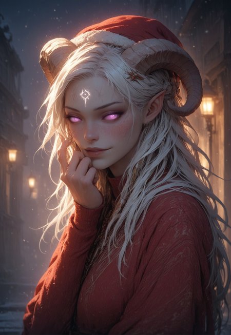 (absurdres, best quality, masterpiece:1.4), score_9, score_8_up, score_7_up, score_6_up, detailed, detailed body, detailed face, world of warcraft, fantasy, <lora:add-detail-xl:1.5>, 

fFaceDetail, ((female, draenei, tall, athletic arms, pale white skin, long white hair, purple eyes, no sclera, long white tail), (h0rns, ram horns, white horns), 
(long fingers, gold fingernails, gold nail polish)), 

alone, upper body, standing, looking toward viewer, soft smile,

Red santa dress with a white fur trim, red santa hat with a white fur trim, black belt with a gold buckle, black knee high boots, White thigh high socks

depth of field, evening, outdoor, harbour, snowing, light snow