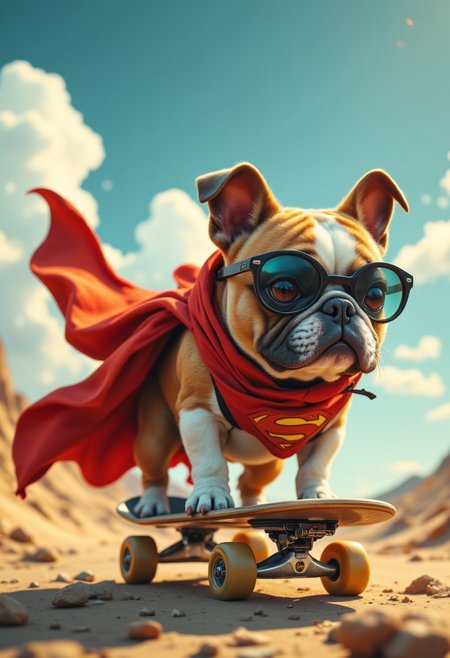 aidmafluxpro1.1, in the style of Jed-clrfl dmanijiv6, A bulldog riding a skateboard while wearing a superhero cape flapping in the wind