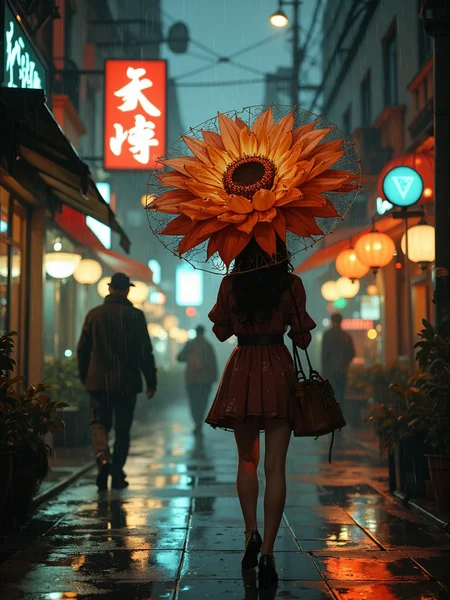 in the style of cksc, A beautiful girl walking on the street, rainy day. She's holding up a gigantic flower with instead of an umbrella.   
<lora:Anime Art V3:1.1>, detailed skin texture, (blush:0.5), (goosebumps:0.5), subsurface scattering