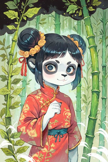(anthro panda girl:1.4),(solo:1.5),double bun,black hair,ameli,looking at viewer,bamboo forest, 
deep dark night,chinese clothes,chinese commentary, portrait,  
<lora:Perfect Hands:1> <lora:age_slider_v4:-2> <lora:Ameli:0.9>, score_9, score_8_up, score_7_up, score_6_up, score_5_up, score_4_up,zPDXL