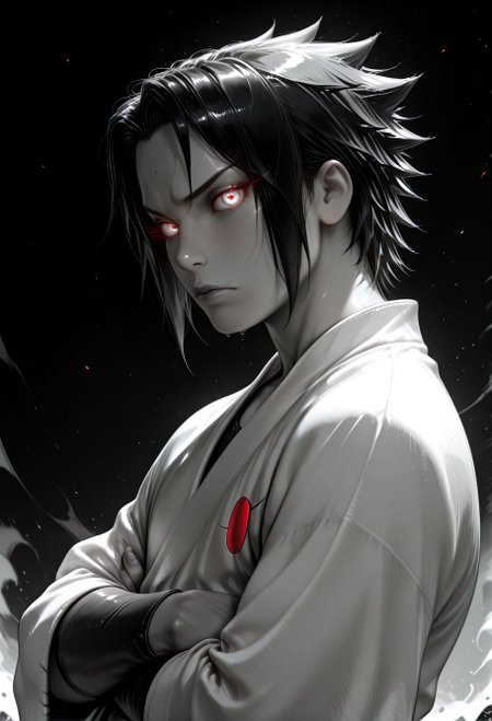 SmoothNoob_Quality, (greyscale:1.5), 1boy, uchiha sasuke, naruto shippuuden, portrait, upper body, serious, glowing eyes, symbol-shaped pupils, japanese clothes, spot color, black and white, dynamic angle, looking at viewer, crossed arms, from side, (black background),<lora:Mature_Comics_Style_-_NoobAI:1>,