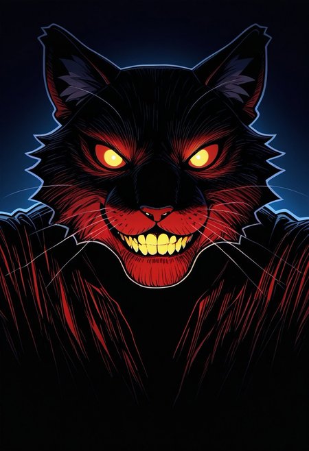 MASTERPIECE, AMAZING QUALITY, PORTRAIT, PAPER CUTOUT, 1BOY, FURRY, CHESHIRE CAT, GRIN, GLOWING EYES, DARK, BLOODY SUIT,