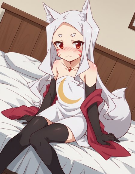 score_9, score_8_up, score_7_up, source_anime,
kitsuneshiro, <lora:kitsune-shiro-s1-ponyxl-lora-nochekaiser:1>,
shiro, long hair, red eyes, animal ears, tail, animal ear fluff, fox ears, fox tail, facial mark, thick eyebrows, fox girl,
thighhighs, gloves, dress, bare shoulders, jewelry, collarbone, black gloves, elbow gloves, black thighhighs, white dress, strapless, strapless dress, shawl,
indoors, bed, bed room, on side, blush, drunk,
cowboy shot, looking at viewer, solo, dutch angle,