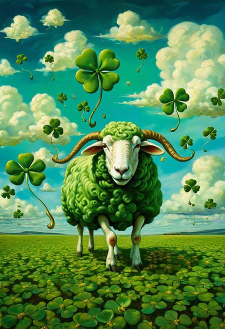 giant shamrock field, sheep with oversized heads, floating in the sky, swirling clouds, melting clocks, vibrant colors, whimsical, dreamlike, inspired by Salvador Dali