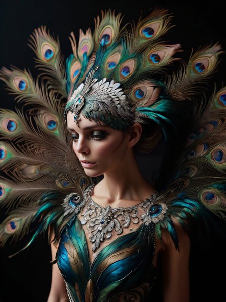 ral-feathercoat, a woman in a black and white dress with a peacock feather headdress <lora:ral-feathercoat-sdxl:1> black background, dim warm backlight, ring light