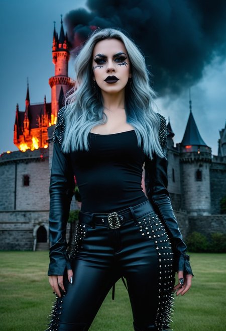 (Confident, strength, perky breasts, lips, long  hair, gothic:1.2), Stunning female model. black leather pants. Spiked pauldrons. Gothic face paint. Standing in front of a gothic castle. Pyrotechnics in the background, bursts of flame . (((Screaming at the viewer))). Looking at viewer. Wet look hair. Studio quality dynamic lighting, portrait photography. 8k, RAW photo, best quality, ultra high res, intricate, photorealistic, masterpiece, ultra-detailed, crisp.