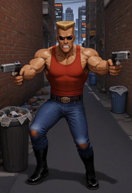 best quality, masterpiece, 
lowres, low quality, 
1boy, solo, male focus, 
full body, 
duke nukem \(character\), 
muscular male, 
blonde hair, very short hair, flattop, 
red tank top, denim pants, boots, belt, 
sunglasses, 
looking at viewer, scowl, clenched teeth, 
holding weapon, holding gun, handgun, aiming, 
outdoors, cityscape, street, brick, trash can