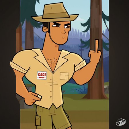 score_9, score_8_up, score_7_up, score_4, score_5, score_6,  dynamic view, dynamic pose, High Quality, perfect body, cartoon source, break
Diego Olivo, 1boy, solo, tanned skin, brown eyes, chest hair, muscular, Big chest, Big pecs, thick eyebrows,  hat, ochre shirt, olive green shorts, annoyed, sticking out middle finger, break, focus in face, Upper body, 
Forrest,  sunny, blue sky