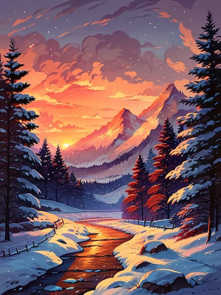 score_9, score_8_up, score_7_up, score_6_up, score_5_up,   <lora:snowXLP:0.8> snow, winter, tree, outdoors, scenery, no humans, sky, cloud, bare tree, sunset, nature, fence, mountain