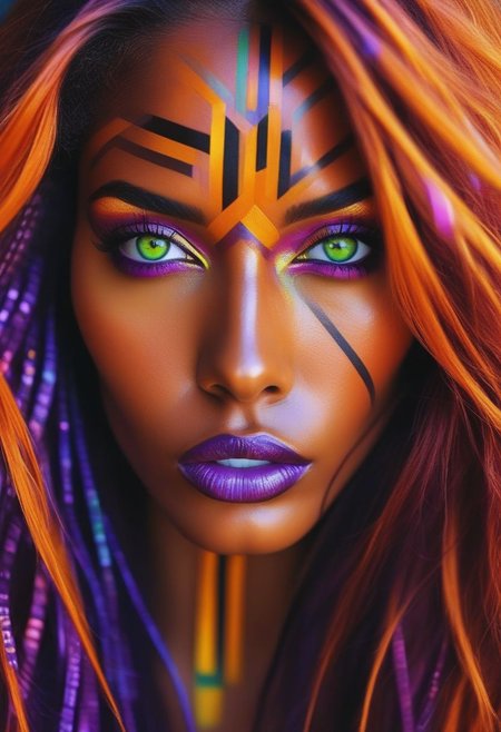 Futuristic anime, close up of face and eyes, erotic comic book oil painting with sharp contrast, tight shot of beautiful adult Starfire with long hair, dark african complexion, gorgeous face, large iridescent bright green colorful eyes, intense gaze, futuristic makeup with geometric patterns, dewey skin, orange skin color, bright purple hair, Exquisitely detailed close