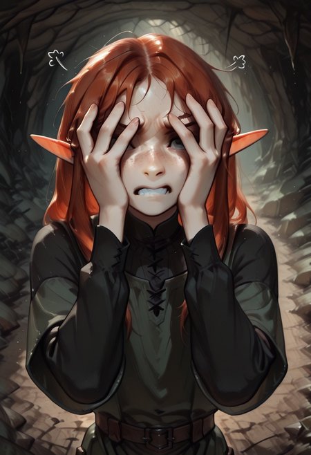 1person, solo, Lapanya, Malgha, freckles, pointy ears, Long-sleeve black shirt, green tunic,
Close up, head bowed, hands over eyes, gritted teeth, frustrated,
Underground, organic cavern,
Masterpiece, high quality, highly detailed, perfect eyes,