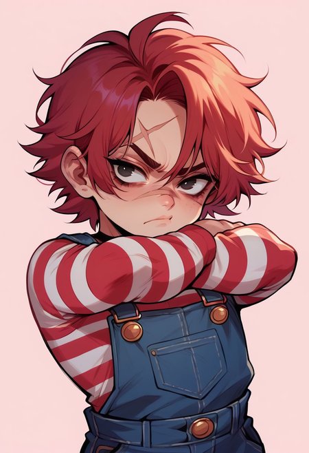 score_9, score_8_up, score_8, source_anime, 1boy, femboy, Chucky, red hair, overalls, striped top, sulking, pout, pouty, pouting, scar, arms crossed,
simple background, pink background, (solo), shortstack, upper body,