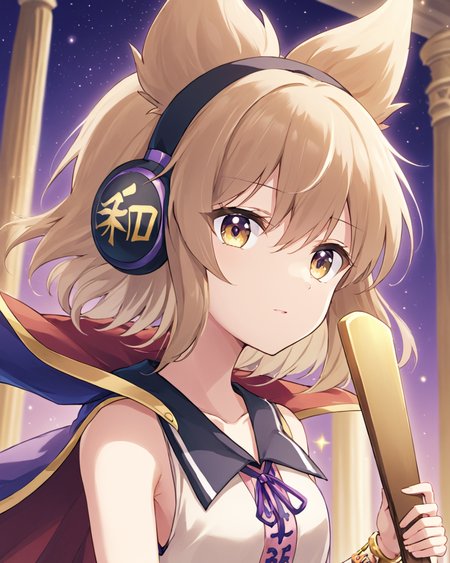 toyosatomimi no miko,1girl, solo, looking_at_viewer, upper_body, earmuffs, sleeveless, purple_cape, bare_shoulders, parted_lips, holding, ritual_baton, bracelet, blurry, collarbone, column, shirt
<lora:toyosatomimi_no_miko_image4798_2023-12-20-000009:1>,star-shaped_pupils,symbol-shaped_pupils,. gorgeous,key visual, vibrant, studio anime,award-winning, professional, highly detailed,high budget, cinemascope
