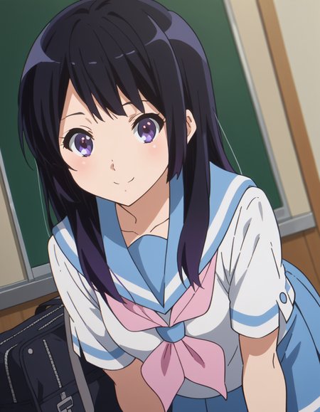 score_9, score_8_up, score_7_up, source_anime,
reinakousaka, <lora:reina-kousaka-ponyxl-lora-nochekaiser:1>,
reina kousaka, long hair, bangs, black hair, purple eyes,
skirt, shirt, school uniform, white shirt, short sleeves, pleated skirt, serafuku, sailor collar, blue skirt, neckerchief, blue sailor collar, school bag, pink neckerchief, kitauji high school uniform,
indoors, classroom, bent over, smile,
looking at viewer, cowboy shot, dutch angle,