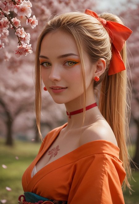 score_9_up, score_8_up, score_7_up, score_6_up, 1girl, 25 years old, perfect face, sexy, (adult),
side view, detailed face, portrait, face focus, depth of field, looking at viewer, blush, shy smile, close up,
yellow eyes, orange eyeliner, 
blonde hair, long hair, ponytail, hair between eyes, earrings, stud earrings, red hair ribbon, 
red choker, 
obi, hadanugi dousa, orange kimono, obiage, obijime, sash, short sleeves, single bare shoulder,
chest tattoo, flower tattoo, 
spring, cherry blossoms