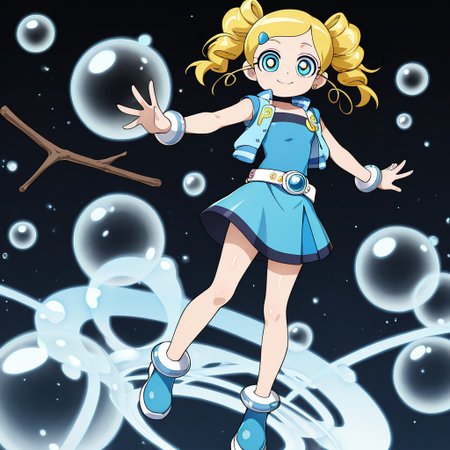masterpiece, best quality, amazing quality, very aesthetic, absurdres, newest,shiny skin,, anime screenshot, xdive, anime coloring, black background, solo, full body, ppgzmiyako, rollingbubbles, belt, blue shirt, strapless, blue skirt, blue vest, Stick, bubbles, smile
