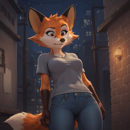 furry, solo, fox ears, brown eyes, Beautiful eyes, breasts, grey T-shirt, blue jeans, score_9, score_8_up, 1girl, 18 year old, an unlit dark alley at night in the city, dark, closed mouth, She looks down, She has a pre-fainting condition, view from below from the ground, raised eyebrow