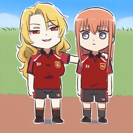 masterpiece, amazing quality, 2girls, MayaCordelia, AliciaViewstream, side by side, hand on another's shoulder, evil smile, outdoors, short sleeves, soccer uniform, shorts, grass, xinzoruo, chibi, full body, <lora:Maya&Alicia-ilxl:0.5>, <lora:XinzoruoStyle2_AnimagineXLv3:0.5>