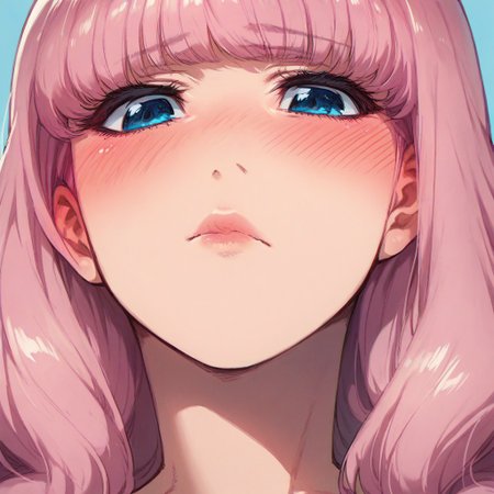 score_9,score_8_up,score_7_up,score_6_up, nerobasta, solo, blue eyes, pink hair, 1girl, blush, long hair, close-up, closed mouth, blue background, lips, bangs