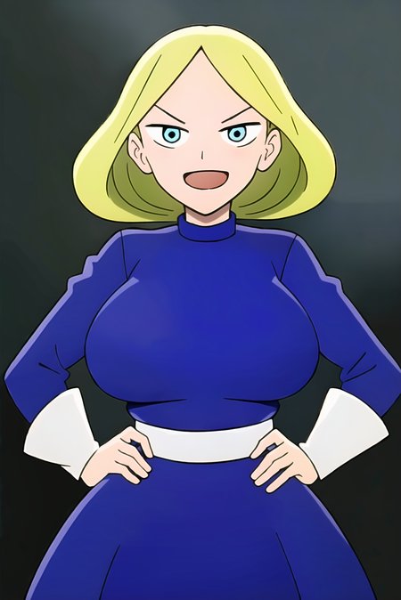 1girl, girl, woman, cartoon girl, blonde hair, bangs,  long hair, blue eyes, happy, smile, open mouth , pointy nose, (purple dress:1.4), long sleeves, large breasts, breasts, (hands on hips:1.4), looking at viewer, (extremely detailed CG unity 8k wallpaper), (masterpiece), (best quality), (ultra-detailed), (best illustration), (extremely delicate and beautiful), finely detail, cowboy shot, (white background:1.4), transparent background, (1girl:1.4), (solo:1.4)

<lora:Hilling:0.95>