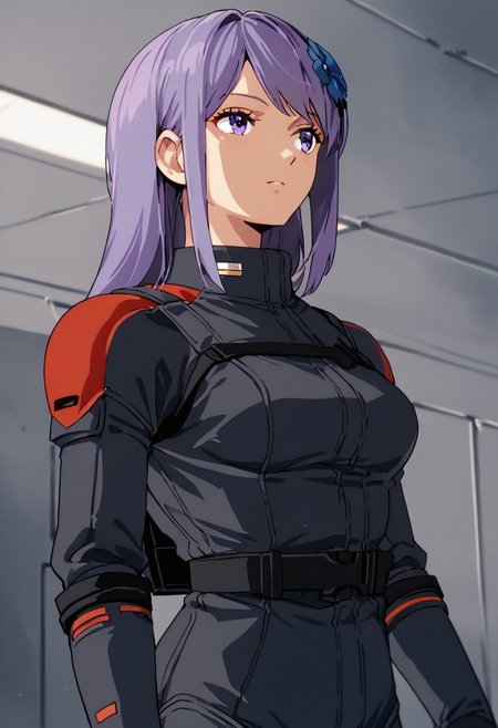 zPDXL3, asano_ruri, purple eyes,  long hair, purple hair, hair ornament,  virtual youtuber,bangs,hair flower, bridal gauntlets,medium breasts,black spacesuit, black gloves,