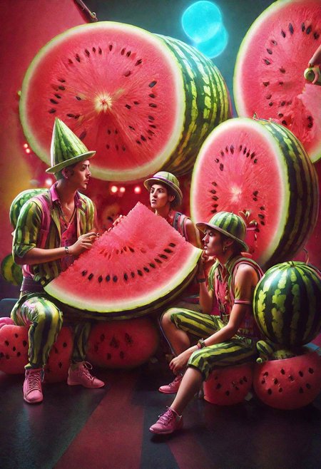 Documentary photograph, magical fantasy watermelon punk pop trio band, cinematic light, high detail, beautiful, surreal, dramatic, warm colors<lora:Dreamyvibes artstyle SDXL - trigger with Dreamyvibes artstyle:1> Dreamyvibes Artstyle