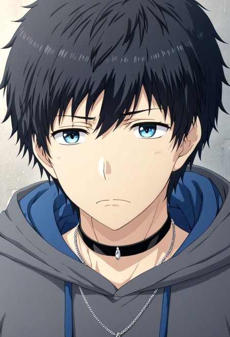 high resolution, solo, best quality, 1Boy, Arata Kaizaki, Black Hair, Blue Eyes, bangs, necklace, choker, hair between eyes, Hoodie, OverallDetail
