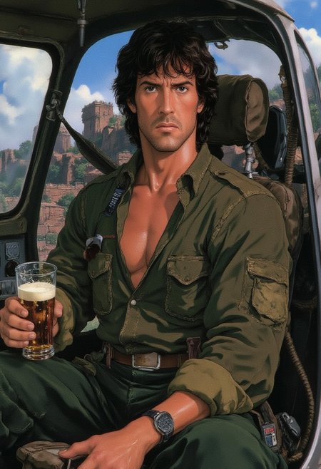 anime style, rambo, John Rambo, holds a beer, sitting in a helicopter