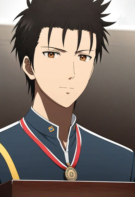 Highres, Masterpiece, High Quality, 4K, 8K, solo, 1Boy, Soujirou Agata, brown eyes, black hair, smart, 1st place, podium, winner, game, competition, easynegative, detailed_eye_model