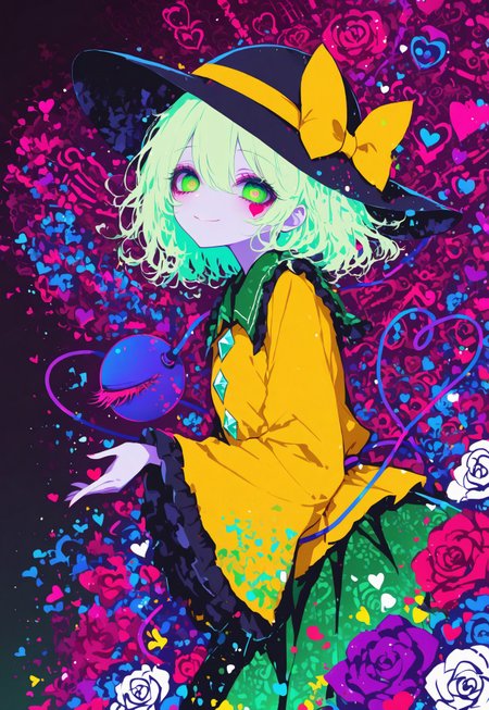 source_anime, high res image, masterpiece, perfect quality, best quality, absurdres, ultra detailed face, detailed eyes,
very awa,, HDR, 8k
1girl, 
komeiji koishi, 1girl, solo, third eye, eyeball, heart of string, green hair, green eyes,
yellow shirt, black hat, hat bow, hat ribbon, yellow bow, yellow ribbon,  frilled sleeves, frilled shirt collar,  green skirt, diamond button,
in a rose garden,
colorful rose, floating colorful rose, too much colorful rose, (DNA pattern in background:1.2),
holding a white rose, looking at viewer, kind smile,
raytracing, volumetric lighting, light particles, gradient color,
15546+456868, r17329_illu, xxx667_illu, sometyome_illu, glowing