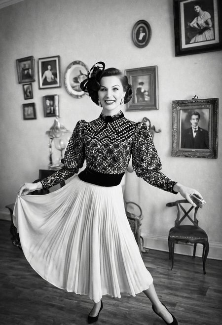 Graceful woman in a stunning vintage outfit, dancing elegantly with poise, retro black and white theme, capturing timeless elegance, focus on the woman as she moves gracefully, with a collection of cherished couple photos displayed in the background, viewed from a bird's-eye perspective, adding depth and a unique angle, enhancing the nostalgic and romantic ambiance.