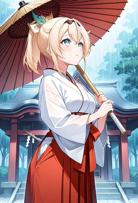 1girl, cowboy shot, 1girl, solo, kazama iroha, (Hololive), Vtuber, blonde hair, ponytail, hair ribbon, green eyes, medium breast, 
Shrine Maiden, Miko, white shirt, red hakama,
easynegative, negative_hand, side view, holding umbrella, wood umbrella, looking up, raining.
official art, easynegative, dynamic image, masterpiece, amazing quality, HD32K, vibrant colours, HD32K, highly detailed, detailed background,