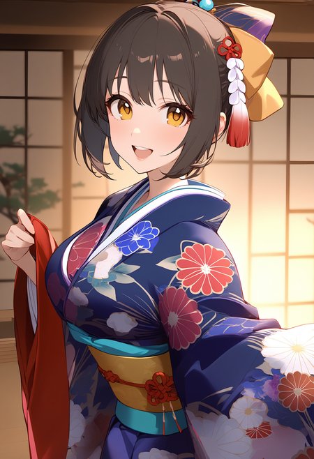 1girl,
takafuji kako,


blue kimono, open mouth, short hair, teeth, breasts, hair bow, black hair, indoors, upper body, new year, obi, yellow eyes, nengajou, looking at viewer, sidelocks, year of the dragon, 2024, tassel hair ornament, japanese clothes, blush, floral print, bow, solo, smile, yellow bow, large breasts, chinese zodiac, red tassel, wide sleeves, tassel, hair ornament, kimono, long sleeves, sash,

sfw
<lora:a31_char_new_takafuji_kako:1> <lora:a31_style_koni-000010:0.8>