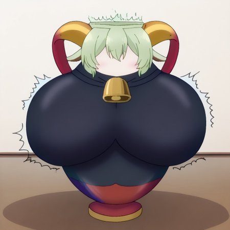 Anime, Solo, 1girl, Femmy, green hair, (((dragon tail))), black hoodie,  clothed vase, (((goat ears))), (((horns))), black vase clothes, (((living vase))), (((vase))), faceless, living object, (((inanimate object))), notice line, thought bubble, breast, (((trembling))), ?, !