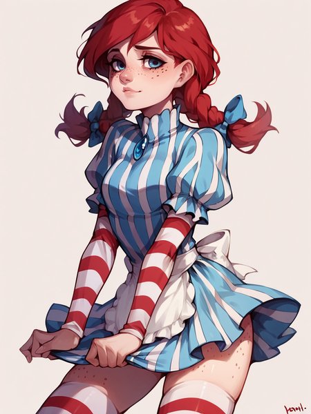 score_9, score_8_up, score_7_up, score_6_up, score_5_up,   <lora:WendysXLP:1> twin braids, wendys, 1girl, red hair, solo, freckles, thighhighs, striped dress, blue eyes