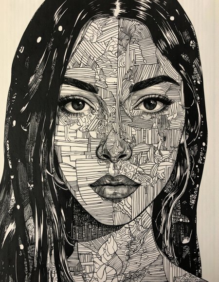 An abstract portrait of a women filled with geometric patterns.