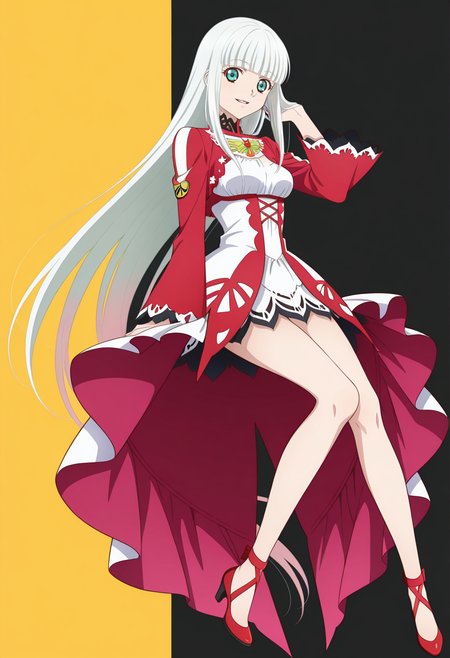 indoor, god days,
BREAK,
sitting, light smile, parted lips, hand on hair, absurd  long hair,
full body, dynamic angle,
BREAK,
<lora:lailahI_illustriousXL_v04:1>
lailahdef, silver hair, very long hair, multicolored hair, blunt bangs, pink hair, aqua eyes, straight hair,
laced collar, breast cutout, jewelry, sidelocks, white dress, red dress, multi-colored dress, long sleeves, red sleeves, wide sleeves, white overskirt,
red high heels, long legs,, source_anime, very aesthetic, anime coloring, masterpiece, 
best quality, amazing quality, ultra detailed, very aesthetic, 
detailed background, 
BREAK,
