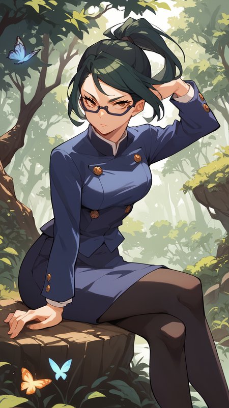 score_9,score_8_up,score_7_up,score_6_up, source_anime, girl, dynamic pose, butterfly sitting, <lora:Crestyle_epoch_9:0.7>, crestyle, artstyle,  <lora:Maki Zenin - Pony:0.8> dark green hair, ponytail, glasses, brown eyes,  jujutsu uniform, blue jacket, blue skirt, black leggings, nature,