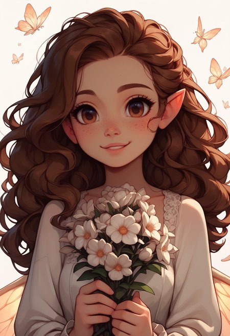 score_9, score_8_up, score_7_up, score_6_up,
1girl, cute fairy, light freckles, wings, white flowers, many white flowers in the background, simple background, delicate smile, long wavy brown hair, brown eyes, cute, holding flowers, looking at the viewer
 <lora:Expressive_H:0.8> <lora:incase-ilff-v3-4:0.75> <lora:g0th1c2XLP:0.6>  <lora:Cute_Anime_Style:0.3>