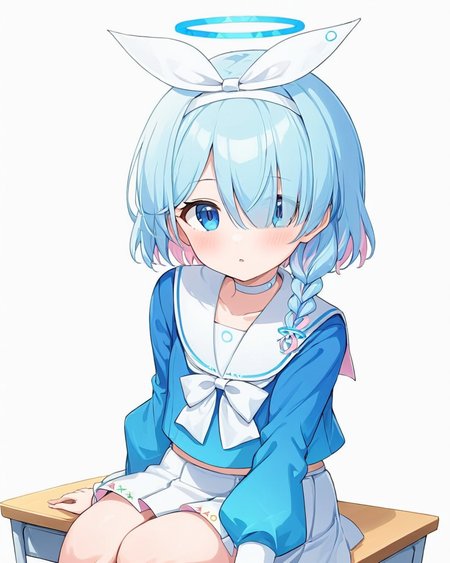 arona \(blue archive\),1girl, solo, white_skirt, halo, white_choker, hair_over_one_eye, looking_at_viewer, white_sailor_collar, blue_shirt, sitting, pleated_skirt, single_braid, blush, white_background, serafuku, white_hairband, school_desk, midriff_peek, simple_background, on_desk, parted_lips, hair_ribbon, thighs, puffy_long_sleeves, white_ribbon
<lora:arona_(blue_archive)_image5127_2023-12-02-000009:1>halo. gorgeous,key visual, vibrant, studio anime,award-winning, professional, highly detailed,high budget, cinemascope