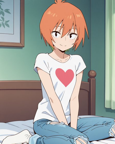 (masterpiece:1.4), (best quality:1.4),  very aesthetic,best quality, amazing quality, absurdres,
yasaku_rei, orange hair, 1girl, solo, short hair, , multicolored hair,
white shirt, jeans,roll up,short sleeve, ,denim pants, torn pants,  white socks,heart print t-shirt
 <lora:yasaku_rei:1>
indoor,room,sitting on bed,
looking at viewer,smile,