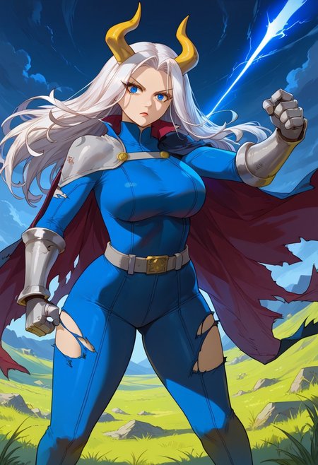 masterpiece, best quality, newest, 1girl, cowboy shot, looking at viewer,
 <lora:MirajaneSitril_Illu_Dwnsty:1>, mirajsitri, blue eyes, white hair, long hair, demon horns, yellow horns, lipstick, two-tone bodysuit, clawed gauntlets, silver gauntlets, high collar, torn cape, grey belts,  waist cape,  dragon girl, blue footwear, 
large breasts, lips, serious, fighting stance, incoming attack, slashing,
outdoors, grass, landscape, clopudy sky, night, dark theme,
