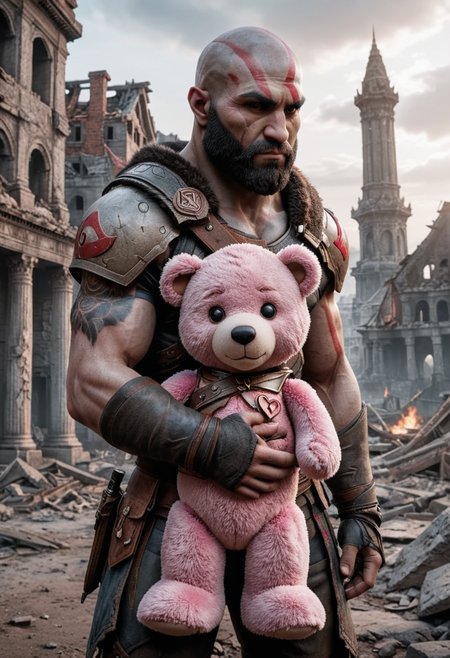 god of war,standing,hugging a pink teddy bear,against the backdrop of the (ruined city:1.1) unreal engine style of Artgerm finely detail,ultra-detailed,highres, <lora:RMSDXL_Enhance:2> <lora:RMSDXL_Darkness_Cinema:2>