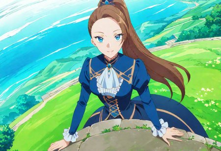 masterpiece, best quality,  1girl, outdoors, looking at viewer, solo, highres, brown hair, long hair, ponytail, blue eyes,
(Katarina Claes, wear blue original Victorian dress :1.0), dynamic pose, at beautiful garden , seductive smile,  detailed eyes,  best quality,  full body shot, landscape , sitting on edge of white wall,
dynamic Camera angle, random Camera angle, 
score_9, score_8_up, score_7_up, rating_explicit, epiCPhoto, sharp avn award winning photo, ultrasharp, artistic photoshoot, masterpiece, best quality, detailed painting,