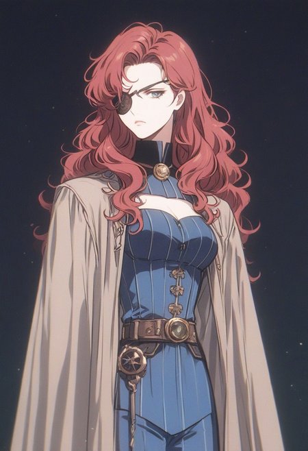 score_9, score_8_up, score_7_up, women, simple background, black background, human, official state dark blue clothing, long black coat, steampunk outfit, solo, standing up straight, serious face, a patch over his right eye, red hair, shoulder-length hair,  pants, young, steampunk detective clothes, wavy hair