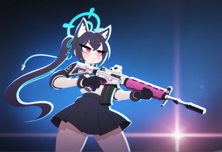 masterpiece,best quality,amazing quality, 1girl, solo, pochi_science, p0ch1, (serika \(blue archive\):0.8), gloves, cowboy shot, halo, bokeh, dynamic pose, assault rifle, behind cover, <lora:pochi_science-000061:0.8>