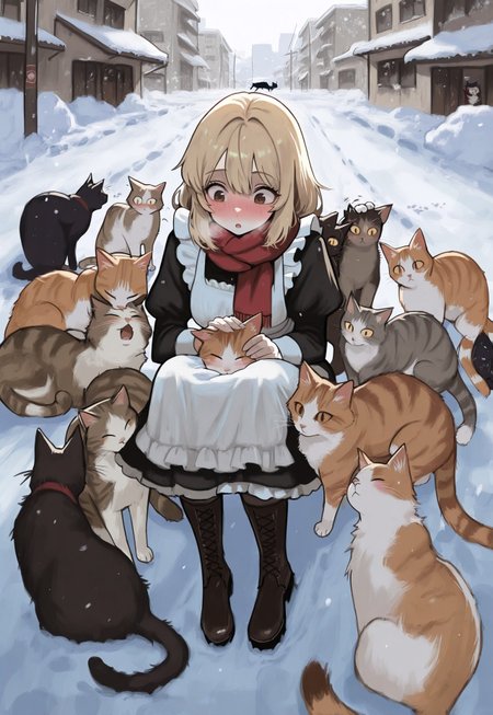 solo, ethereal, expressive eyes, 

murky, snow,  concrete buildings, panel buildings, cold, breath, 

cats, a lot of cats, surrounded by cats, petting cats, 

Raised brows, wide-eyes, surprised, 

1girl, body_blush, maid, brown eyes, blonde hair, black dress, red scarf, white apron, white frills, knee boots, 

masterpiece, best quality, very aesthetic, absurdres, newest