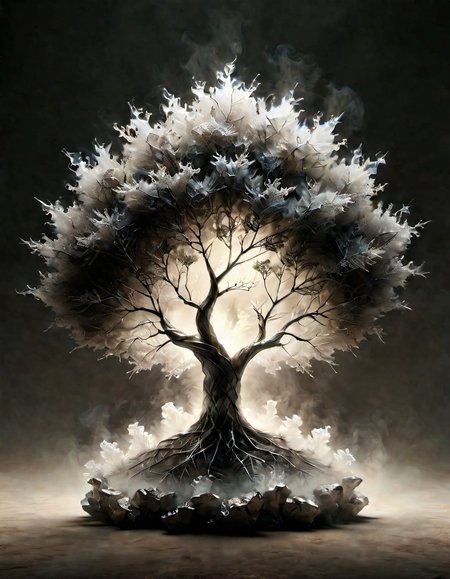 landscape of a Drab (The Burning Bush:1.2) , Bathed in shadows, exploration of texture and materiality, minimalist, interactive experiences, Italian Neo-Expressionism, surrealism art stylized by Allen Williams, sci-fi, moody, modernist, <lora:sdxl_lightning_8step_lora:1>, <lora:ral-milkyglass:0.95> made out of ral-milkyglass, fine polished, ambient illumination, epic, dynamic dramatic atmosphere, cinematic atmosphere