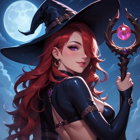 1girl, illustration, looking at viewer, highly detailed, looking at viewer, 1girl, masterpiece, best quality, ((((back view)))), source_photo, source_real, 1girl, solo, long hair, breasts, looking at viewer, witch skirt, witch hat, red hair, thighhighs, jewelry, purple eyes,  belt, necklace, mole, lips,  wavy hair, side slit, long skirt, realistic, long legs, curvy hips, detailed eyes,  eye_focus, close-up, solo, looking_at_viewer,
BREAK
slight smile, looking at viewer, ((a staff with a luminous top:1.3))
long hair, red hair, hair over one eye, big hair, BREAK
best quality, depth of field, bokeh, (((full clothed)))
BREAK 
((night, outdoors, sky, full moon background)) score_9, score_8_up, score_7_up, score_6_up, source_cartoon, rating_explicit, Expressiveh, ((((upper body))))), dynamic pose, dynamic pose